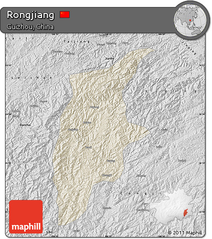 Shaded Relief Map of Rongjiang, desaturated