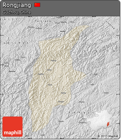 Shaded Relief Map of Rongjiang, desaturated