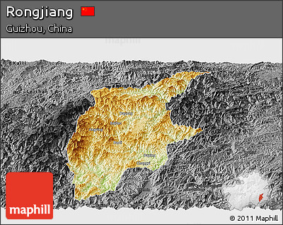 Physical Panoramic Map of Rongjiang, darken, desaturated