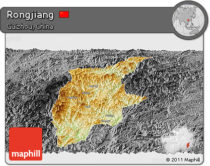 Physical Panoramic Map of Rongjiang, darken, desaturated
