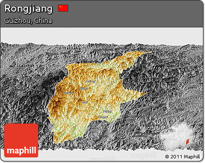 Physical Panoramic Map of Rongjiang, darken, desaturated