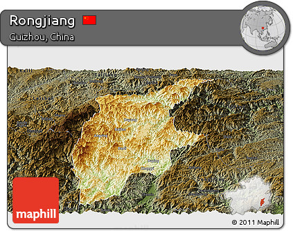 Physical Panoramic Map of Rongjiang, darken
