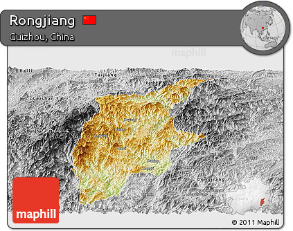 Physical Panoramic Map of Rongjiang, desaturated