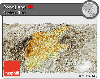 Physical Panoramic Map of Rongjiang, semi-desaturated