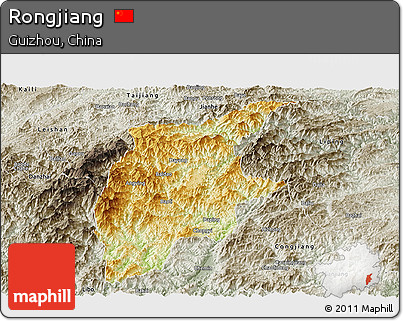 Physical Panoramic Map of Rongjiang, semi-desaturated