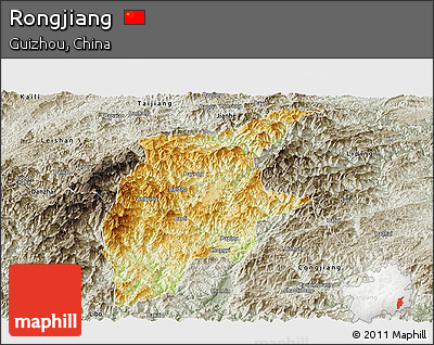 Physical Panoramic Map of Rongjiang, semi-desaturated