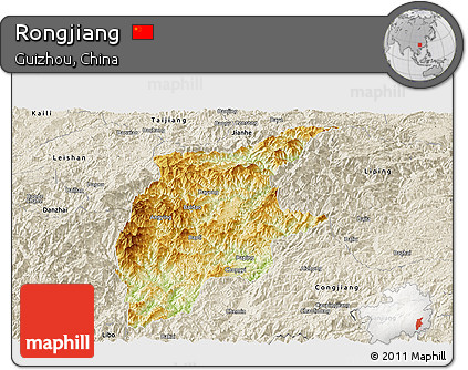 Physical Panoramic Map of Rongjiang, shaded relief outside