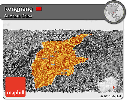 Political Panoramic Map of Rongjiang, desaturated