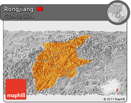 Political Panoramic Map of Rongjiang, lighten, desaturated