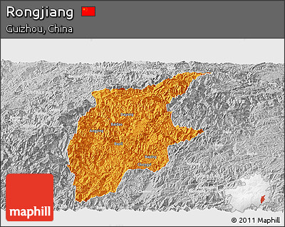 Political Panoramic Map of Rongjiang, lighten, desaturated
