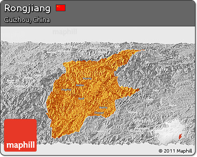 Political Panoramic Map of Rongjiang, lighten, desaturated
