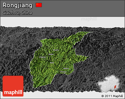 Satellite Panoramic Map of Rongjiang, darken, desaturated