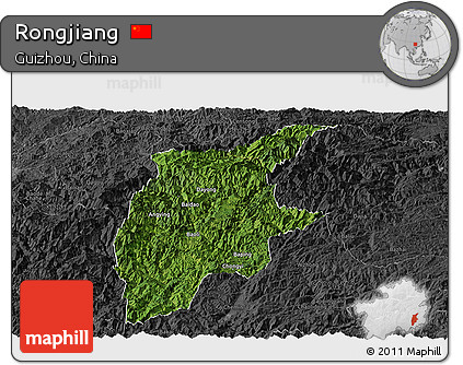 Satellite Panoramic Map of Rongjiang, darken, desaturated