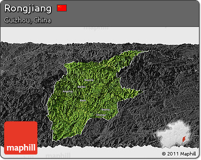 Satellite Panoramic Map of Rongjiang, darken, desaturated