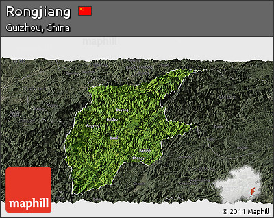 Satellite Panoramic Map of Rongjiang, darken, semi-desaturated