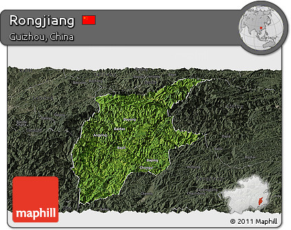 Satellite Panoramic Map of Rongjiang, darken, semi-desaturated