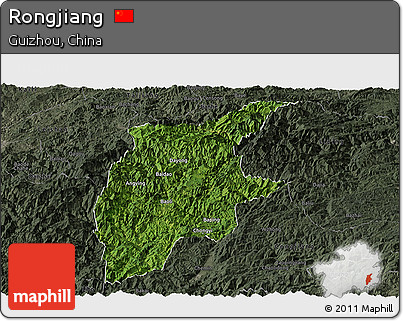 Satellite Panoramic Map of Rongjiang, darken, semi-desaturated