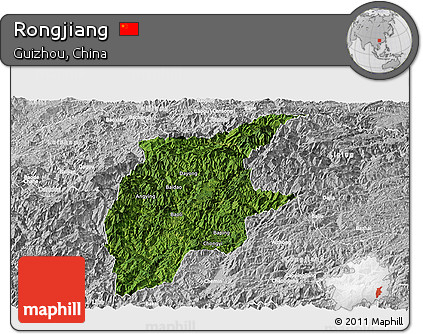 Satellite Panoramic Map of Rongjiang, lighten, desaturated