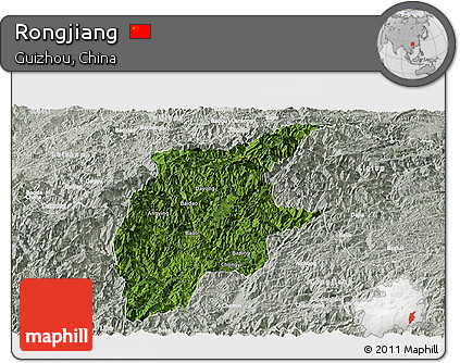 Satellite Panoramic Map of Rongjiang, lighten, semi-desaturated