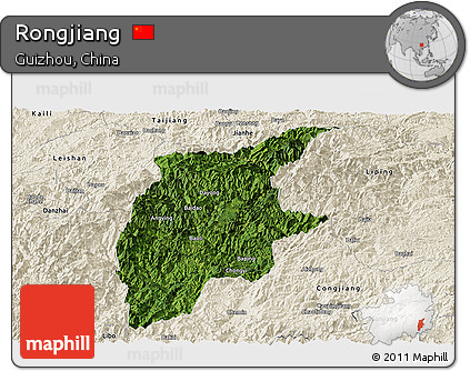 Satellite Panoramic Map of Rongjiang, shaded relief outside