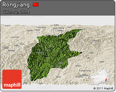Satellite Panoramic Map of Rongjiang, shaded relief outside