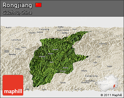 Satellite Panoramic Map of Rongjiang, shaded relief outside