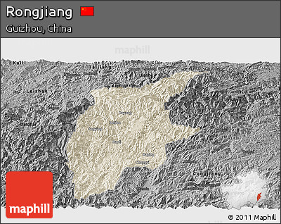 Shaded Relief Panoramic Map of Rongjiang, darken, desaturated