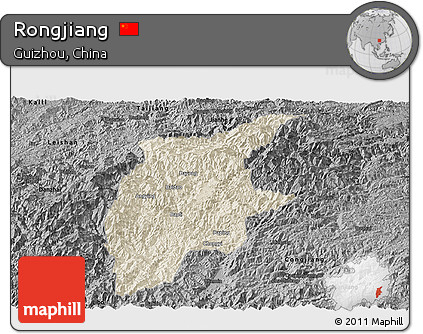 Shaded Relief Panoramic Map of Rongjiang, darken, desaturated