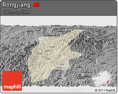 Shaded Relief Panoramic Map of Rongjiang, darken, desaturated