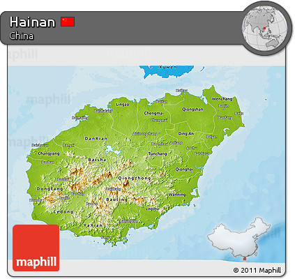 Physical 3D Map of Hainan, political shades outside