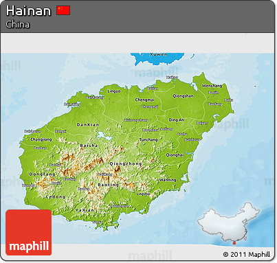 Physical 3D Map of Hainan, political shades outside