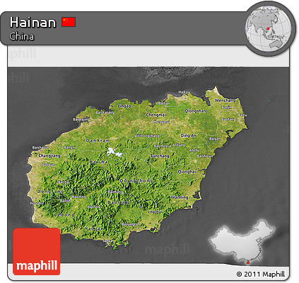 Satellite 3D Map of Hainan, darken, desaturated