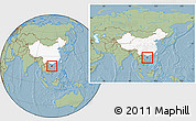 Savanna Style Location Map of Hainan, highlighted country, within the entire country, hill shading