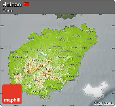 Physical Map of Hainan, darken, semi-desaturated