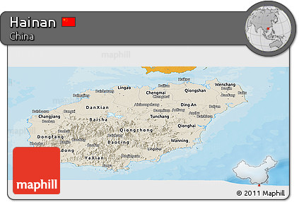 Shaded Relief Panoramic Map of Hainan, political outside