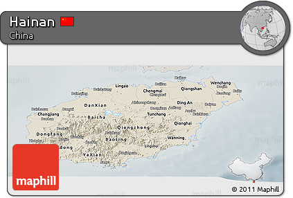 Shaded Relief Panoramic Map of Hainan, semi-desaturated