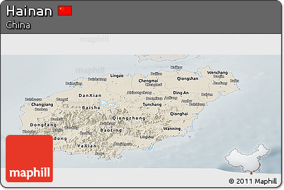 Shaded Relief Panoramic Map of Hainan, semi-desaturated