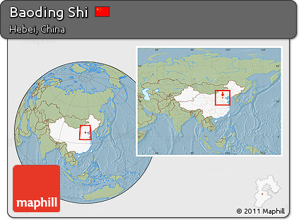 Savanna Style Location Map of Baoding Shi, highlighted country, within the entire country, hill shading