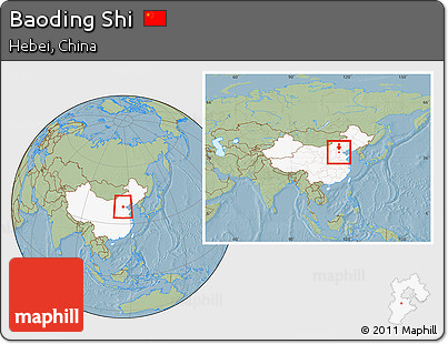 Savanna Style Location Map of Baoding Shi, highlighted country, within the entire country, hill shading