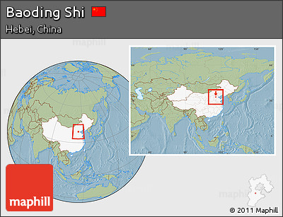 Savanna Style Location Map of Baoding Shi, highlighted country, within the entire country, hill shading