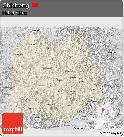 Shaded Relief 3D Map of Chicheng, desaturated