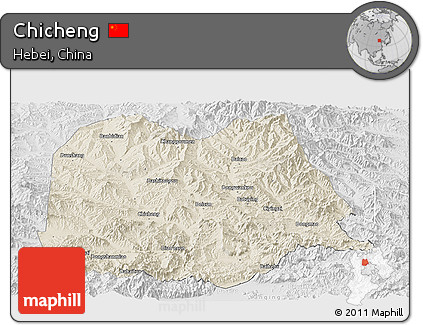 Shaded Relief Panoramic Map of Chicheng, lighten, desaturated