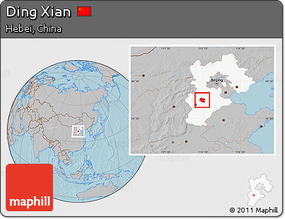 Gray Location Map of Ding Xian, highlighted parent region, hill shading