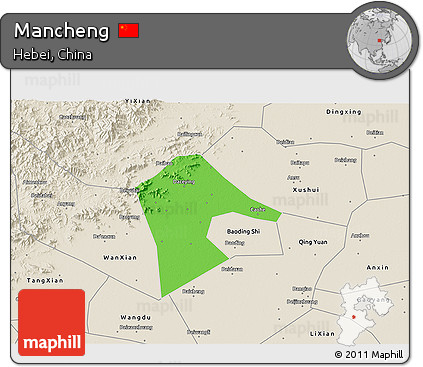 Political 3D Map of Mancheng, shaded relief outside