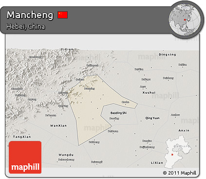 Shaded Relief 3D Map of Mancheng, semi-desaturated