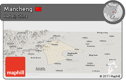 Shaded Relief Panoramic Map of Mancheng, semi-desaturated