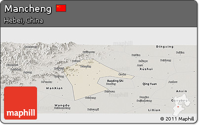 Shaded Relief Panoramic Map of Mancheng, semi-desaturated