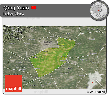 Satellite 3D Map of Qing Yuan, semi-desaturated