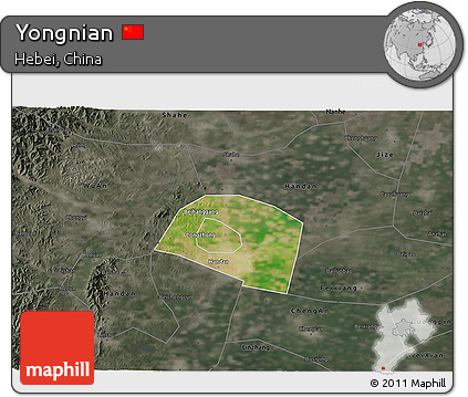 Satellite 3D Map of Yongnian, darken, semi-desaturated