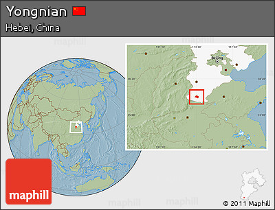 Savanna Style Location Map of Yongnian, highlighted parent region, hill shading